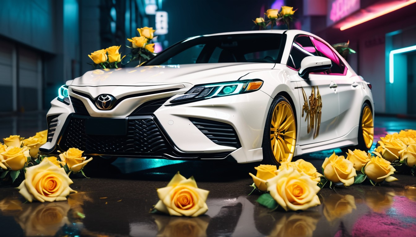 White sedan with yellow flowers White sedan with yellow flowers