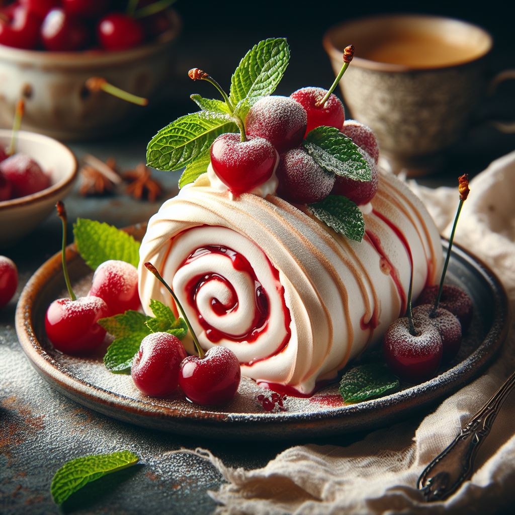 Cherry meringue roll with mint garnish Cherry meringue roll with mint garnish
