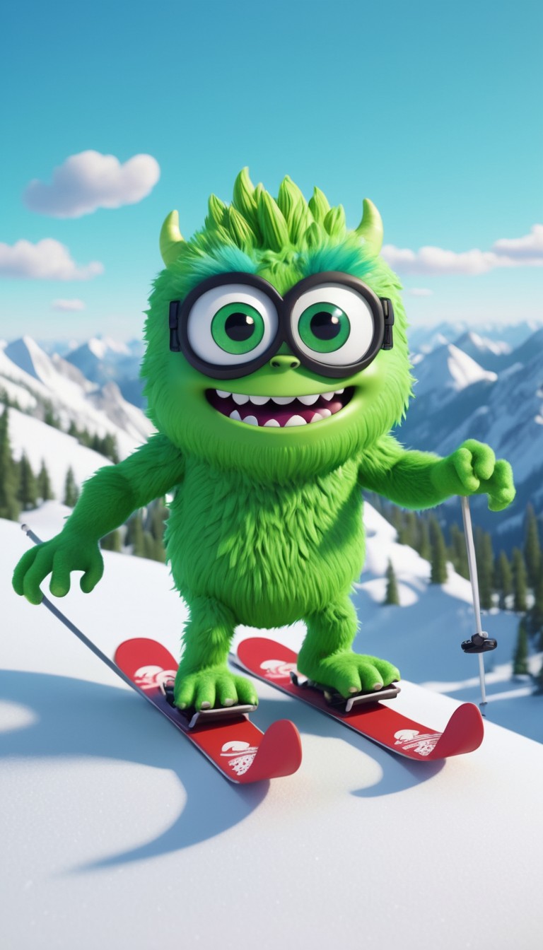 Green monster skiing on a snowy mountain Green monster skiing on a snowy mountain
