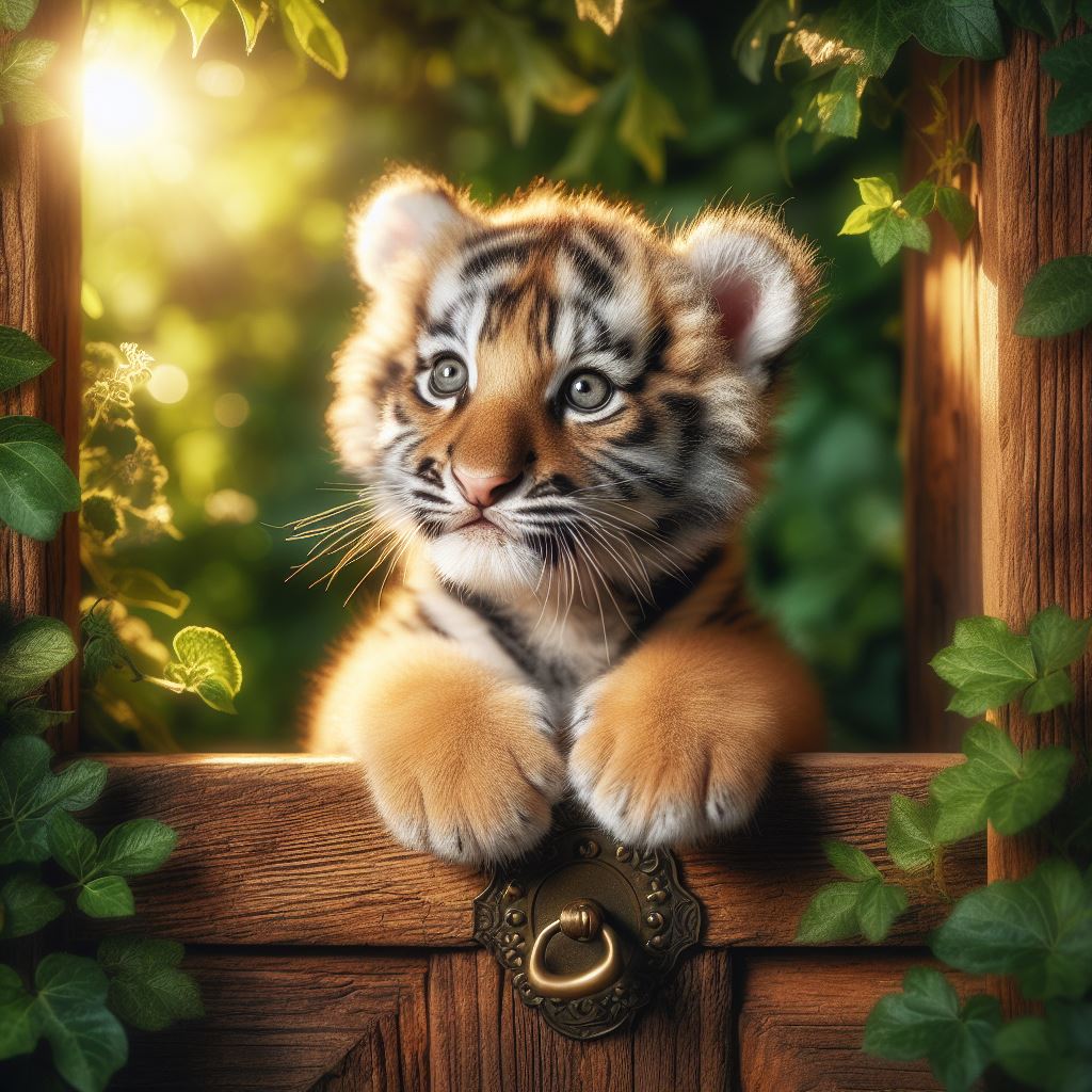 Tiger cub peeking through doorway Tiger cub peeking through doorway
