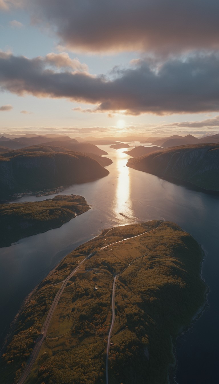 Sunset over coastal inlet with road Sunset over coastal inlet with road
