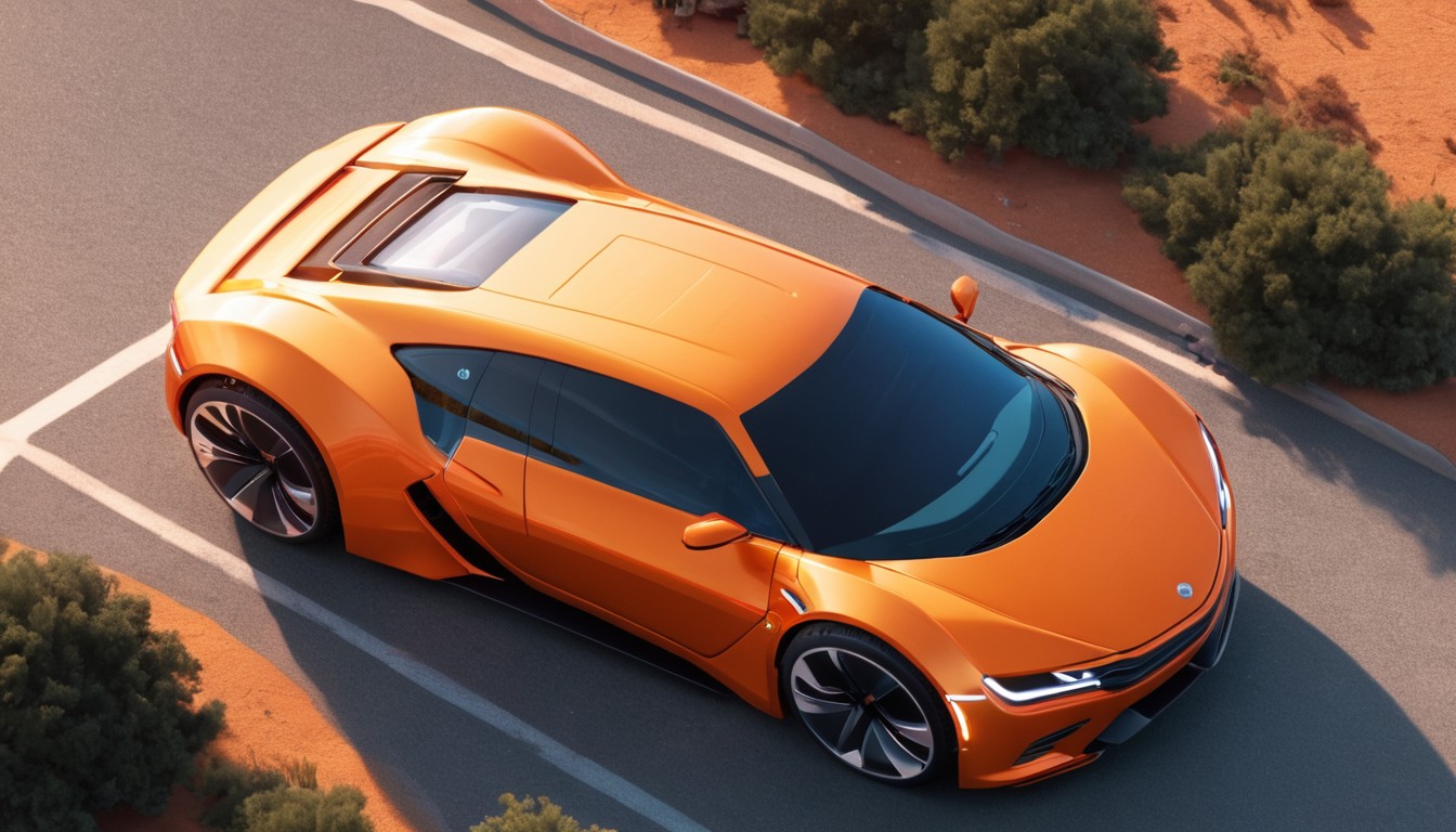 Orange sports car on desert road Orange sports car on desert road