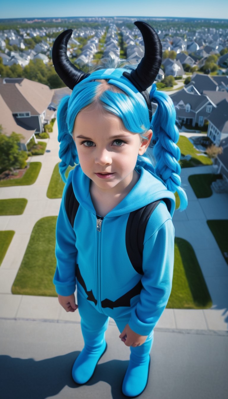 Girl in blue costume on rooftop Girl in blue costume on rooftop