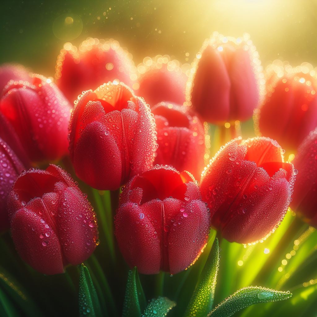 Dewy red tulips in sunlight Dewy red tulips in sunlight