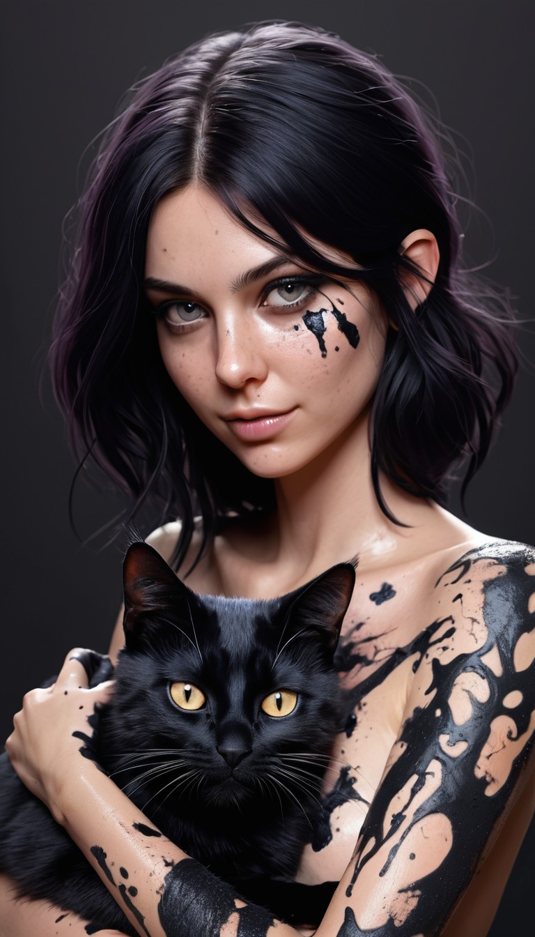 Woman holding black cat with ink splatter Woman holding black cat with ink splatter