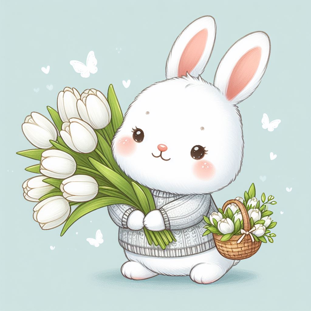 Cute bunny holding tulips Cute bunny holding tulips