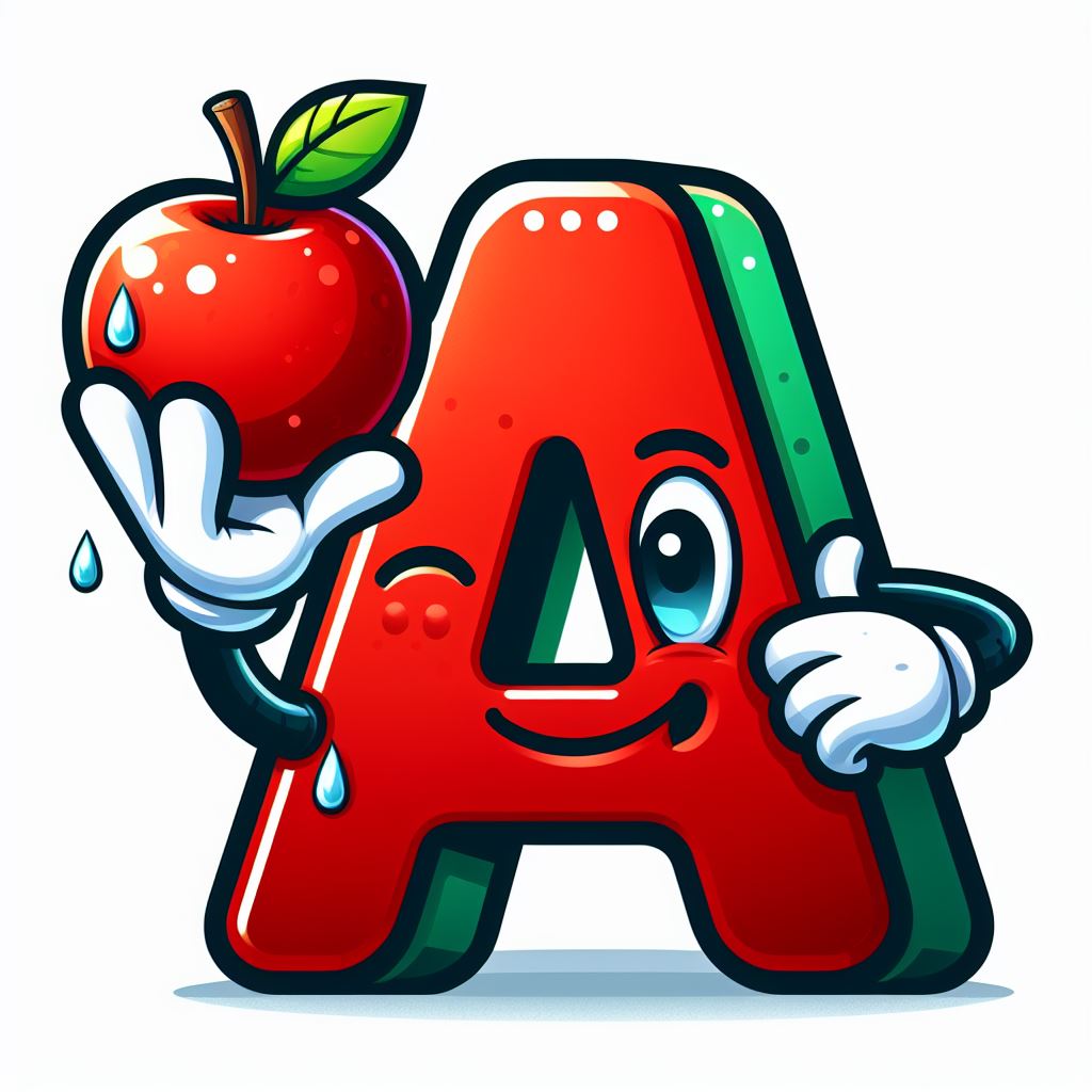 Smiling letter a holding apple Smiling letter a holding apple