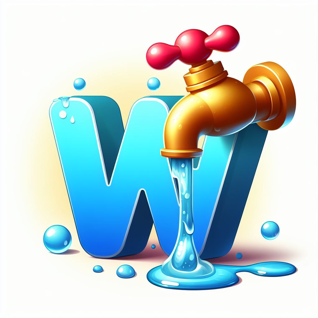 Water tap pouring on letter w Water tap pouring on letter w