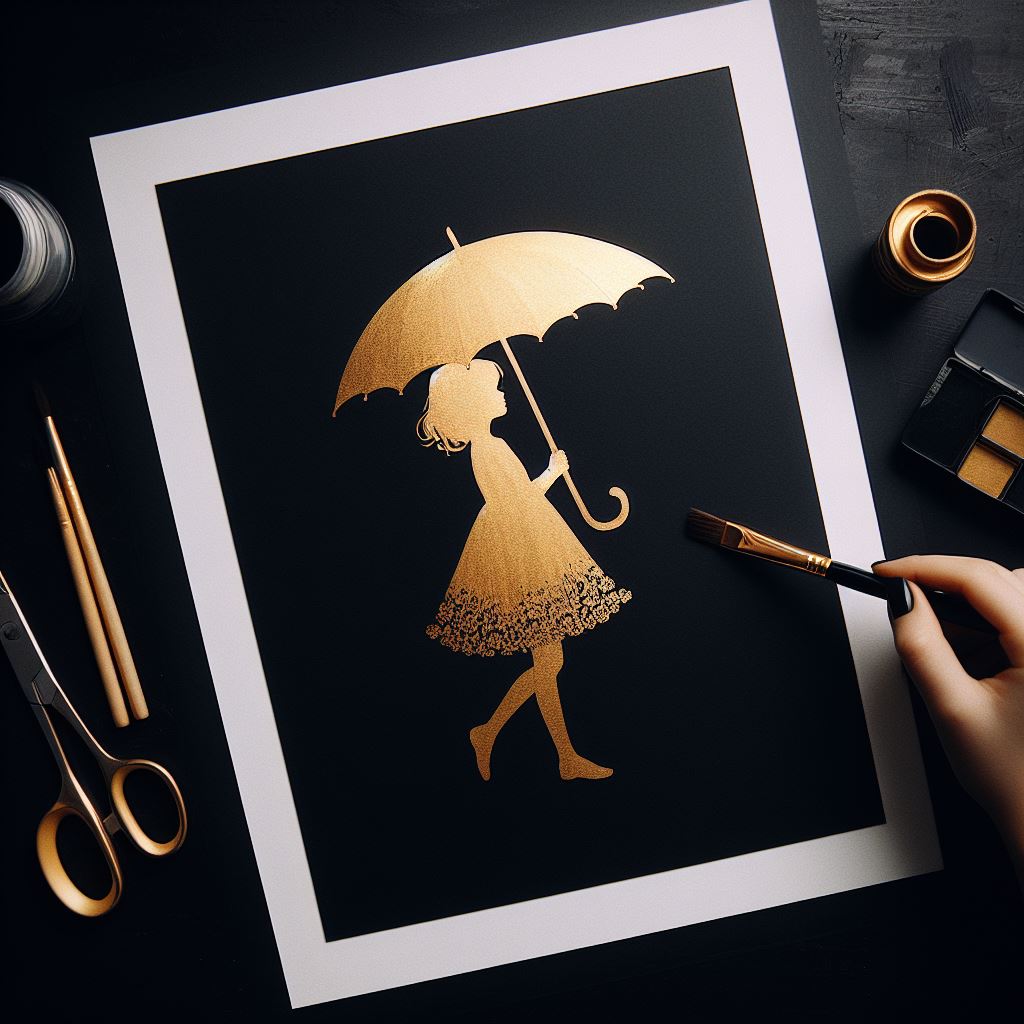 Gold girl silhouette with umbrella Gold girl silhouette with umbrella