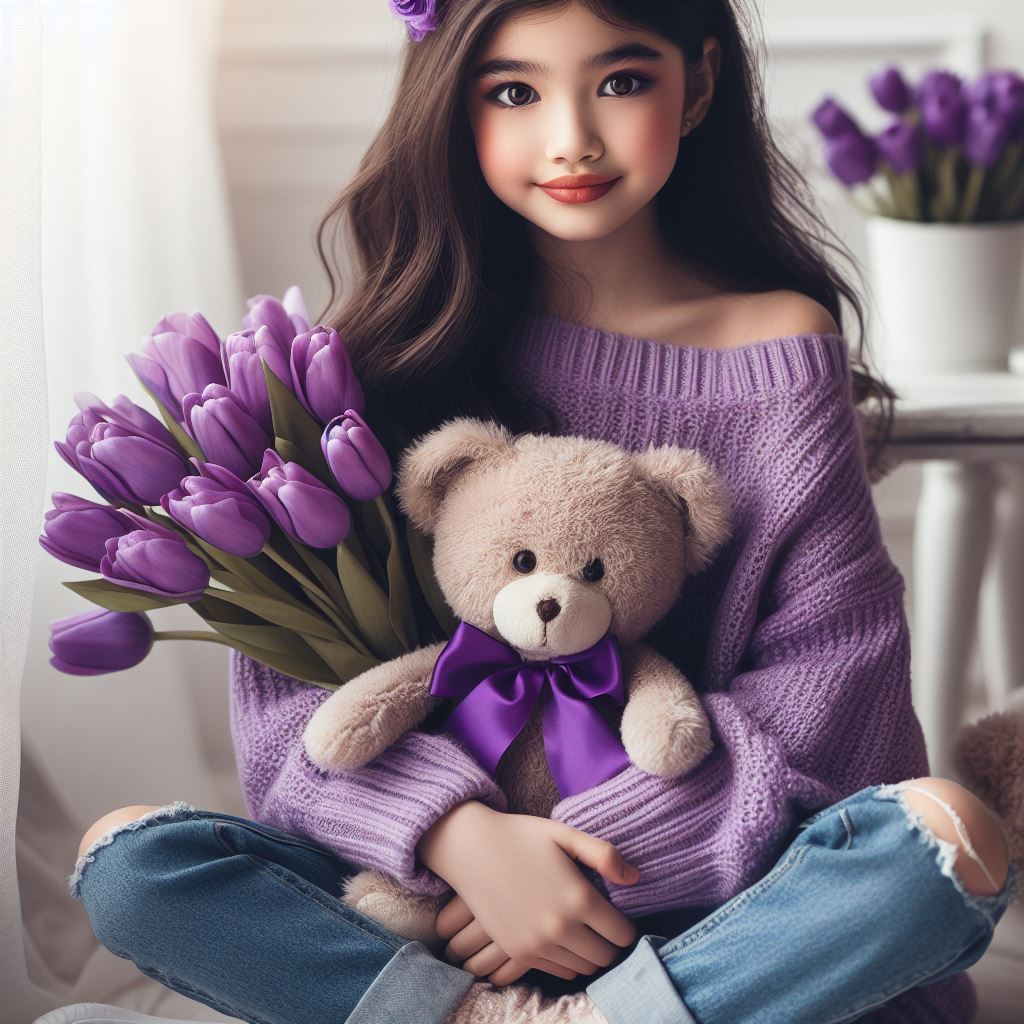 Girl holding teddy bear and tulips Girl holding teddy bear and tulips