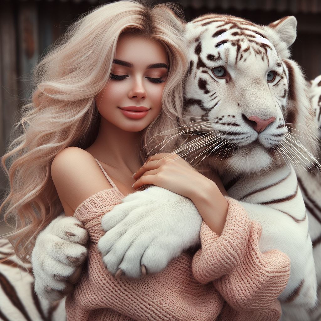 Woman hugs white tiger Woman hugs white tiger