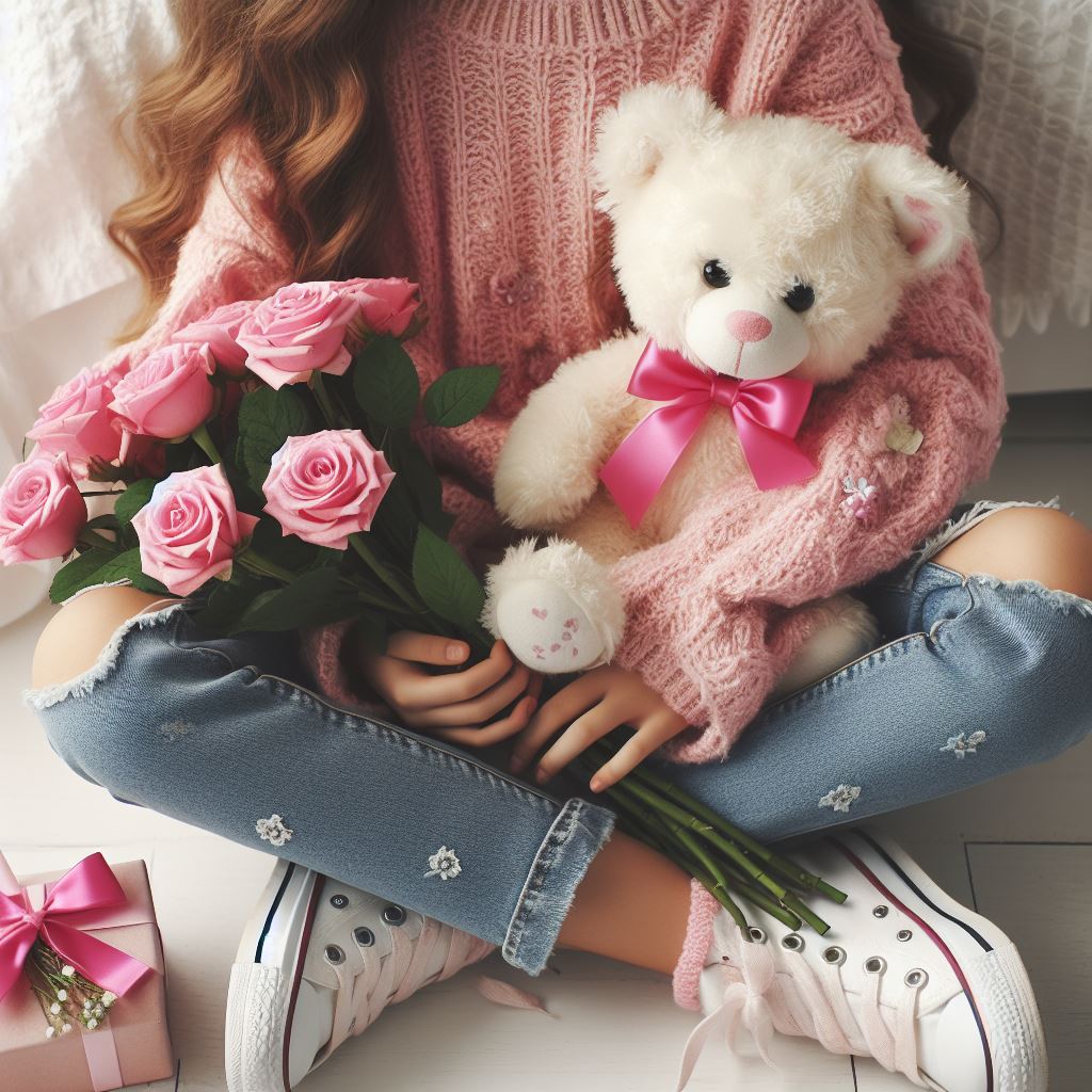 Girl holding roses and teddy bear Girl holding roses and teddy bear
