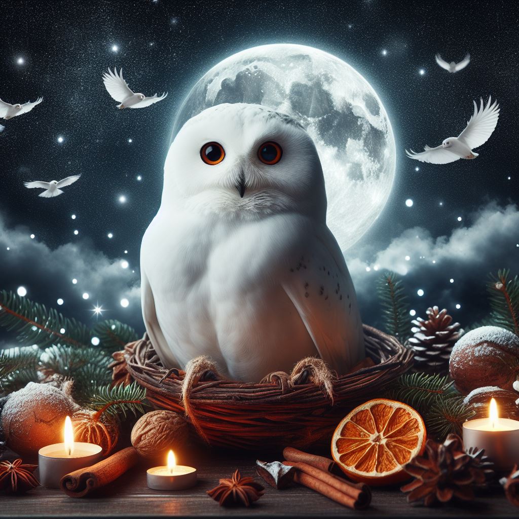 Snowy owl nestled under moonlight Snowy owl nestled under moonlight