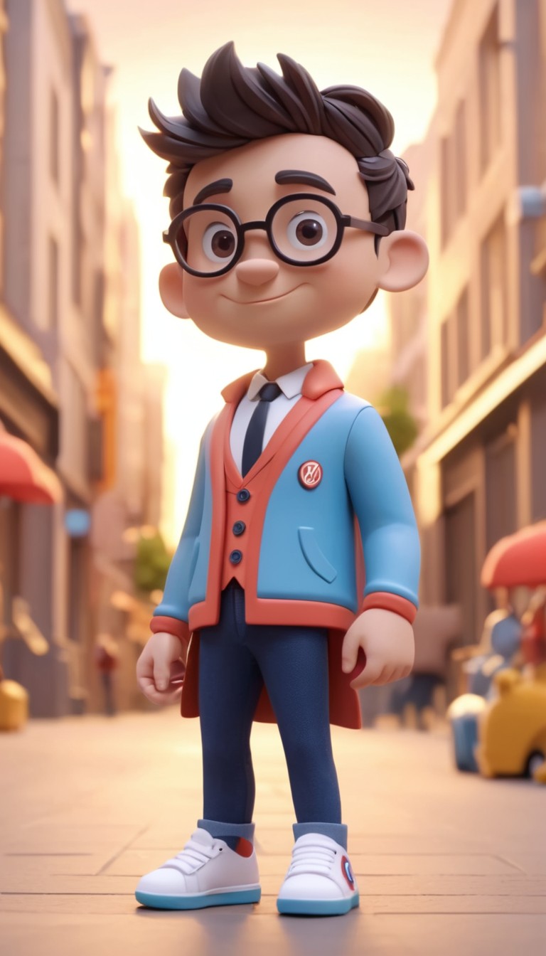 3d boy in glasses on city street 3d boy in glasses on city street