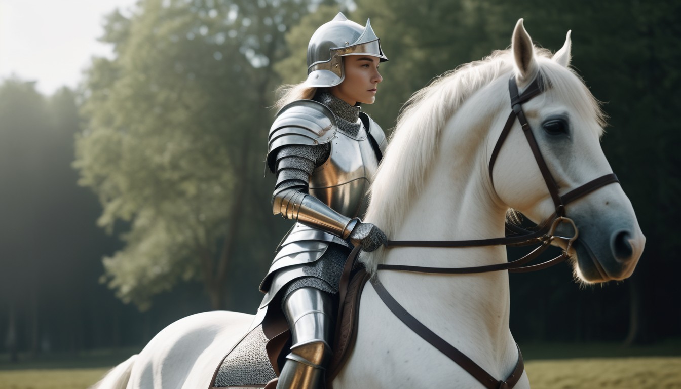 Woman in armor riding a white horse Woman in armor riding a white horse