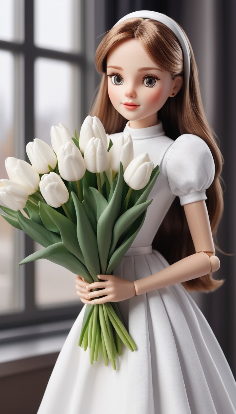 Doll holding white tulips Doll holding white tulips