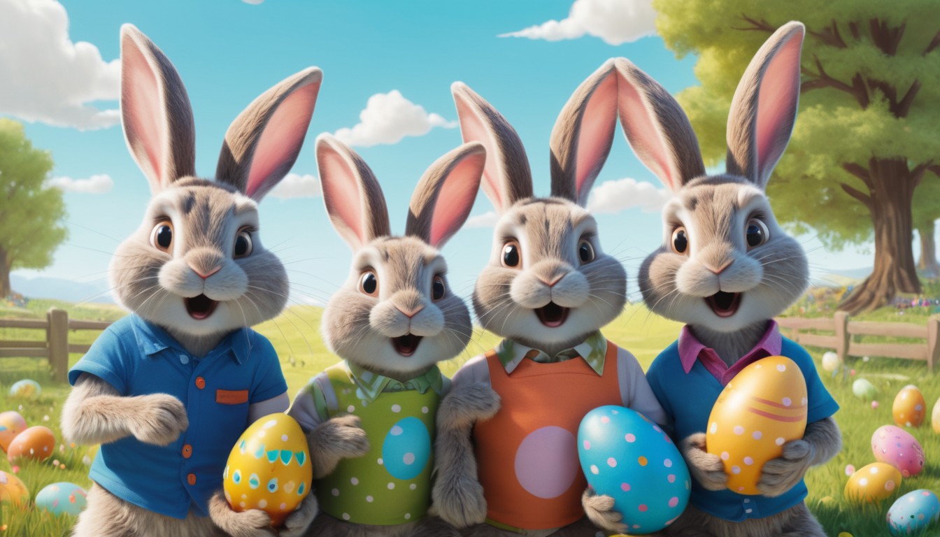 Four bunnies holding easter eggs Four bunnies holding easter eggs