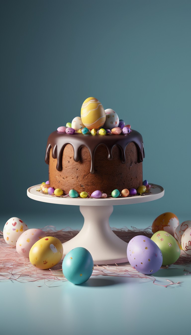 Chocolate easter cake with decorated eggs Chocolate easter cake with decorated eggs