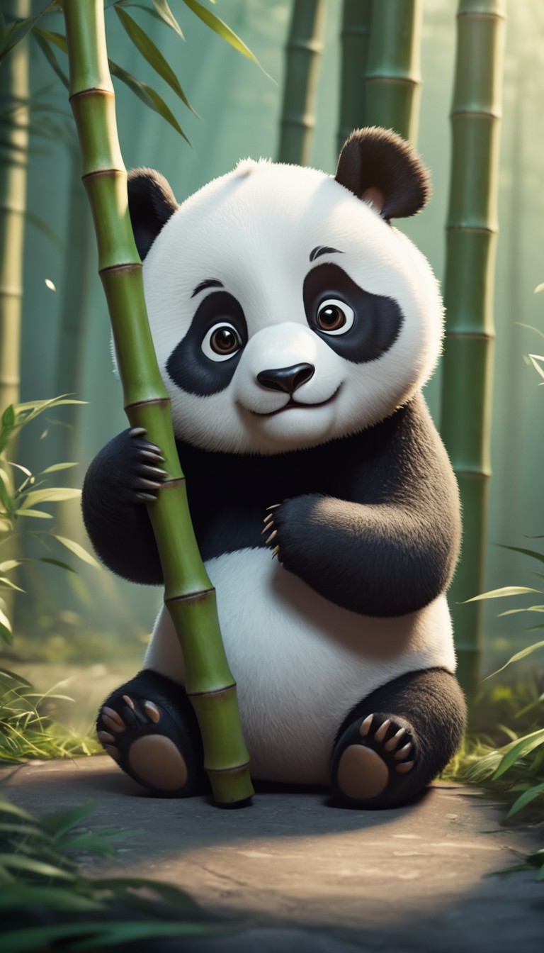 Panda cub holding bamboo in forest Panda cub holding bamboo in forest