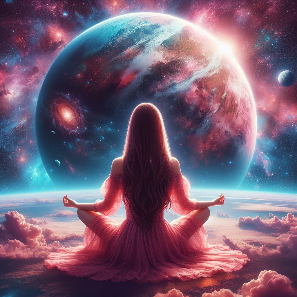 Woman meditating in front of a distant planet Woman meditating in front of a distant planet