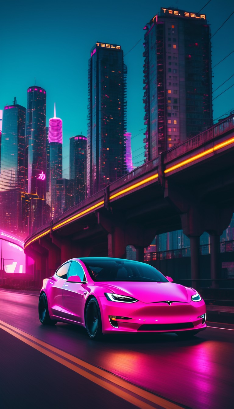 Pink tesla driving through city at night Pink tesla driving through city at night