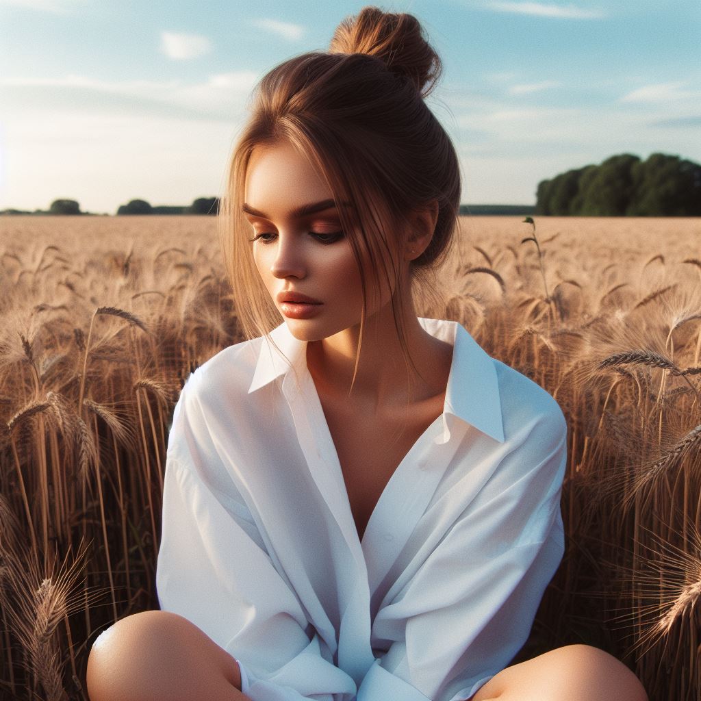 Woman in white shirt in wheat field Woman in white shirt in wheat field