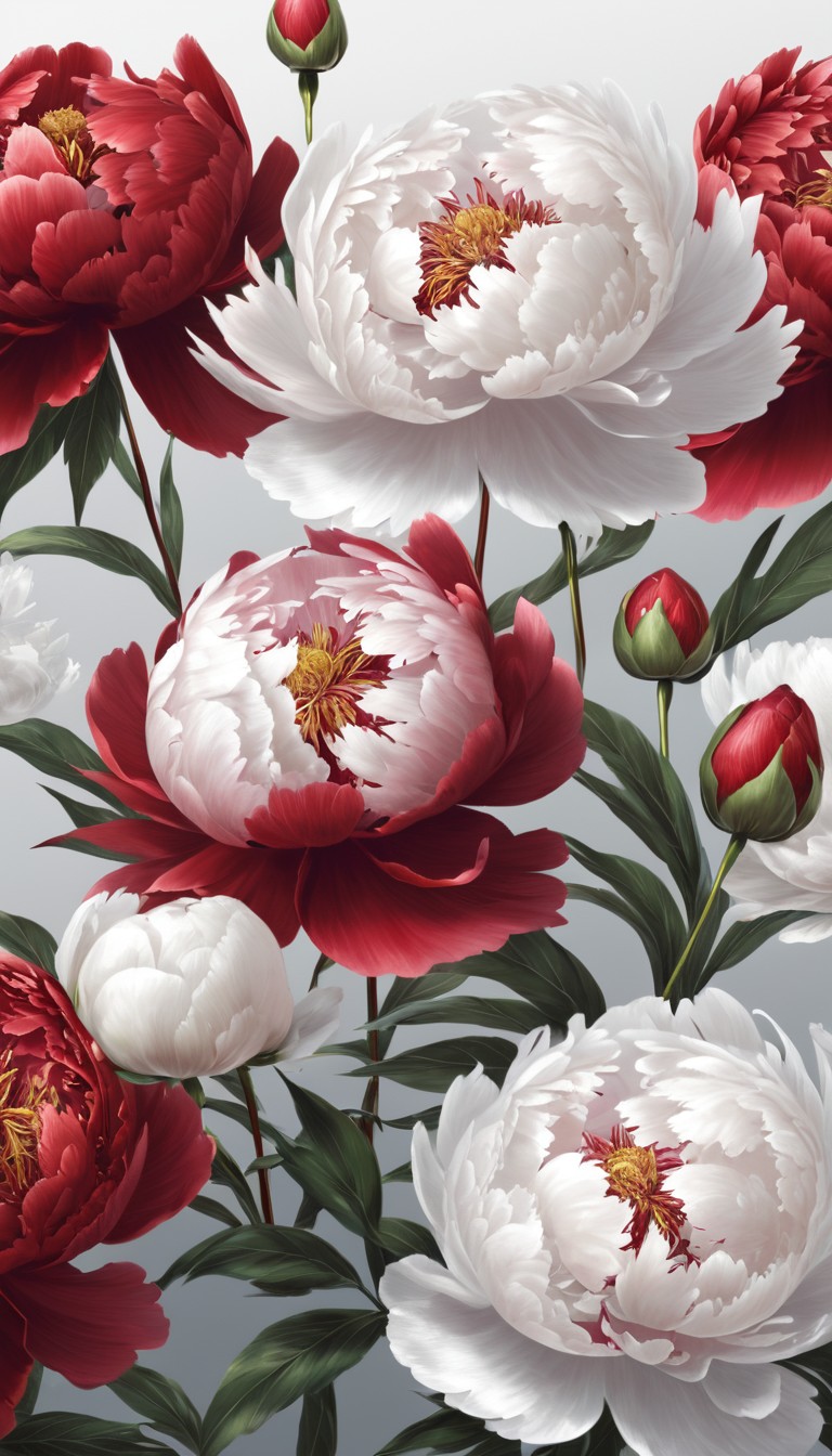 Red and white peonies in bloom Red and white peonies in bloom