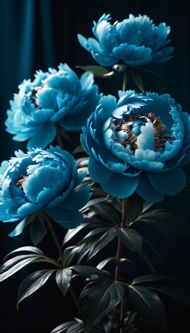 Blue peonies in dark setting Blue peonies in dark setting