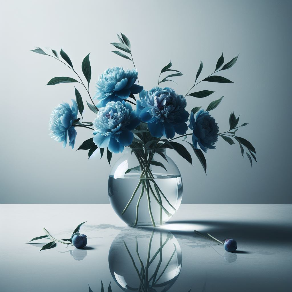 Blue peony bouquet in a glass vase Blue peony bouquet in a glass vase