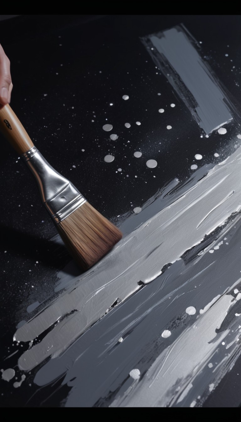 Brush painting black canvas with silver paint Brush painting black canvas with silver paint