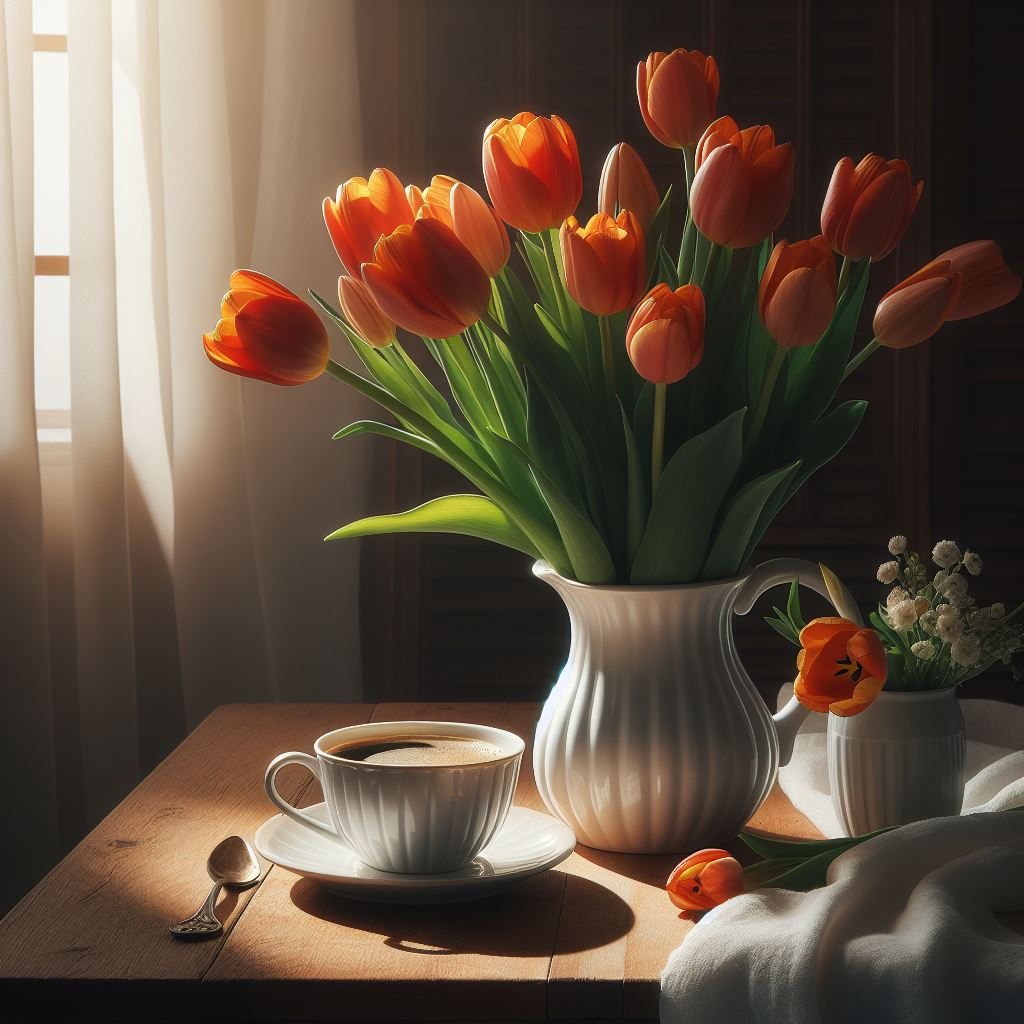 Tulips and coffee in morning light Tulips and coffee in morning light