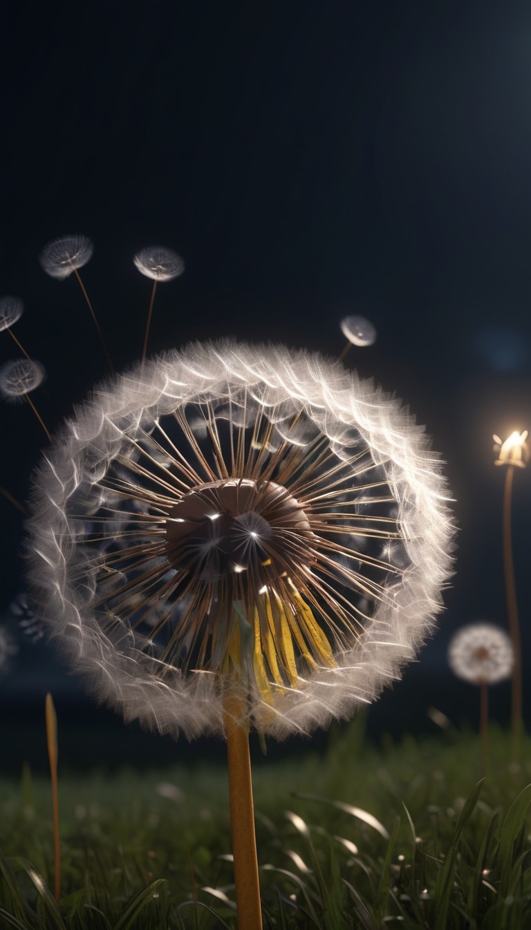 Dandelion seeds blowing in the wind at night Dandelion seeds blowing in the wind at night