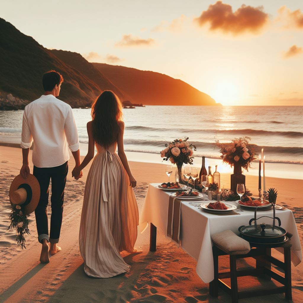 Couple walking towards beach dinner at sunset Couple walking towards beach dinner at sunset