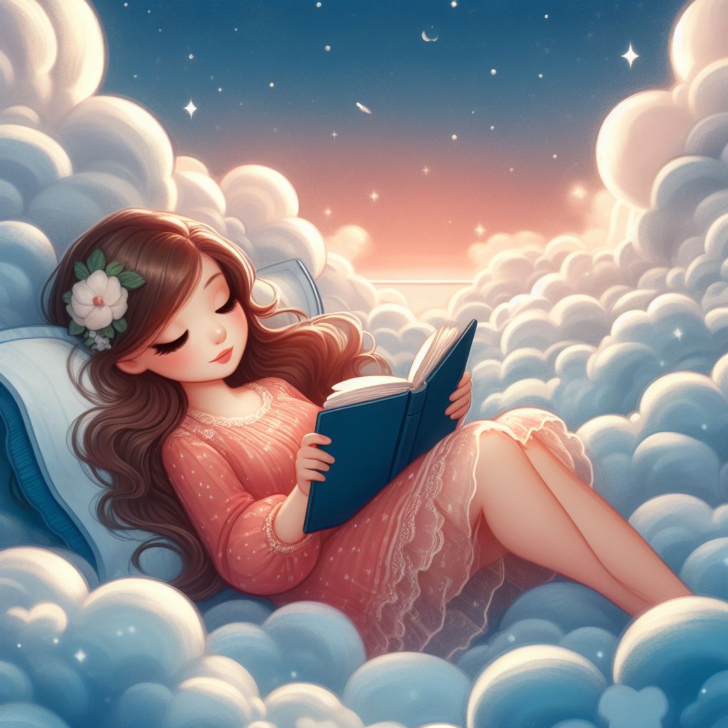 Girl reading on clouds at sunset Girl reading on clouds at sunset