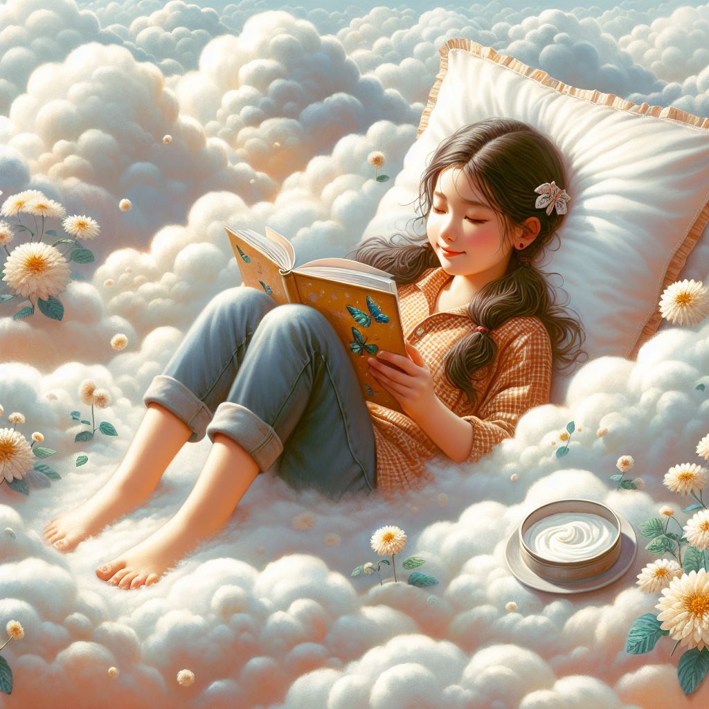 Girl reading on a cloud Girl reading on a cloud