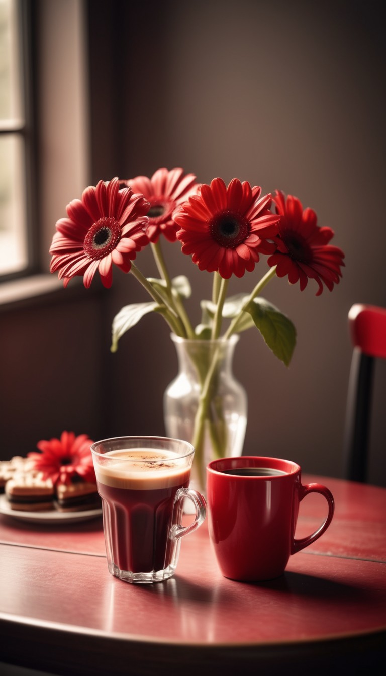 Red gerbera daisies and coffee Red gerbera daisies and coffee