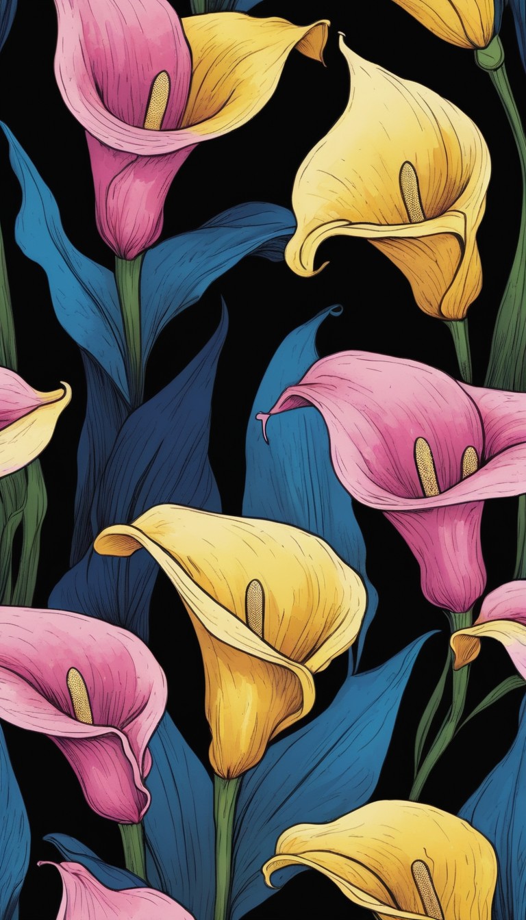 Colorful calla lilies on black background Colorful calla lilies on black background