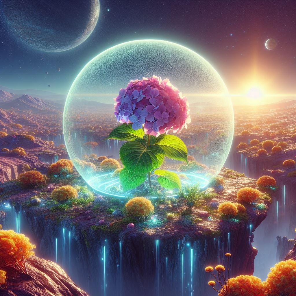 Hydrangea flower in a bubble on a cliff Hydrangea flower in a bubble on a cliff