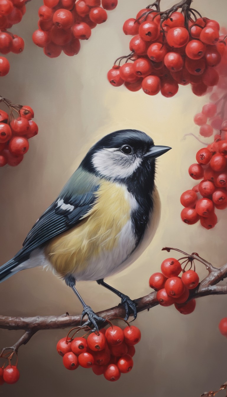 Bird perched on branch with red berries Bird perched on branch with red berries