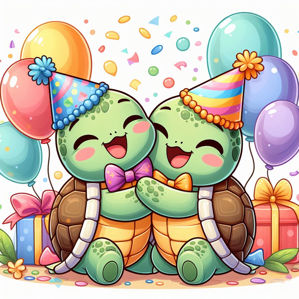 Two turtle friends celebrate with balloons and gifts Two turtle friends celebrate with balloons and gifts