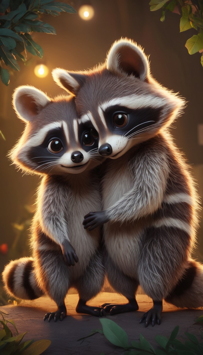 Two raccoon friends hugging at dusk Two raccoon friends hugging at dusk