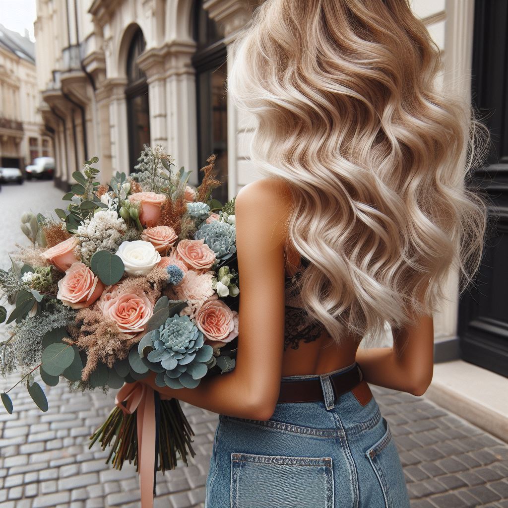 Woman holding flowers in city Woman holding flowers in city