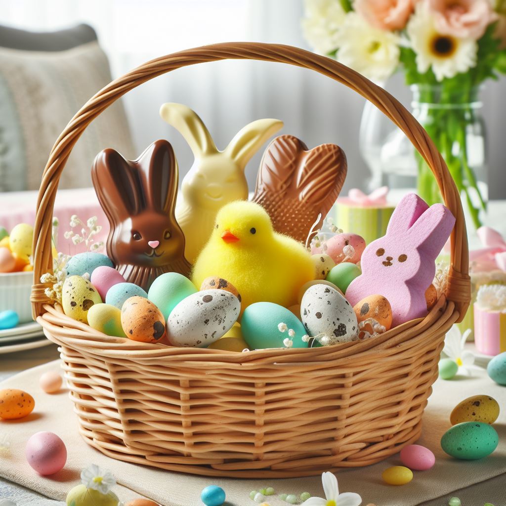 Easter basket with chocolate bunnies and eggs Easter basket with chocolate bunnies and eggs