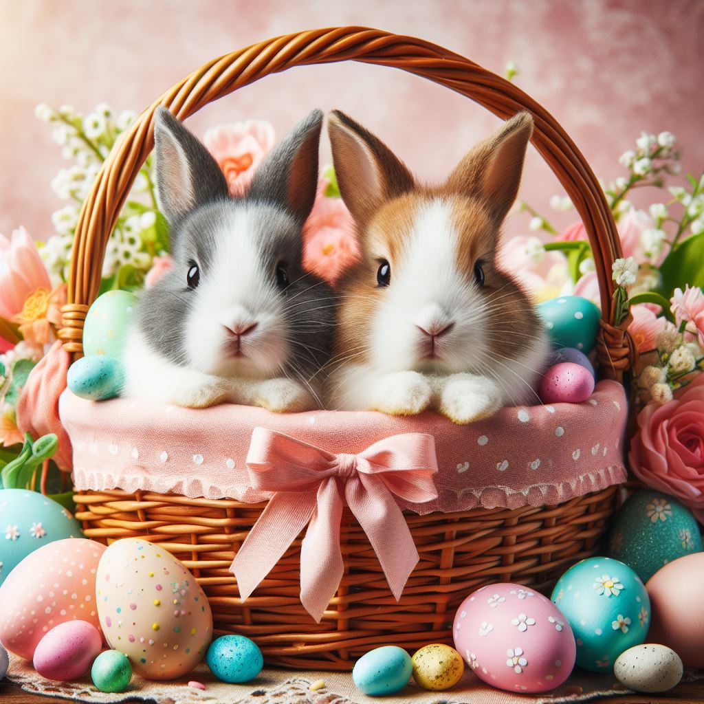 Two bunnies in easter basket Two bunnies in easter basket