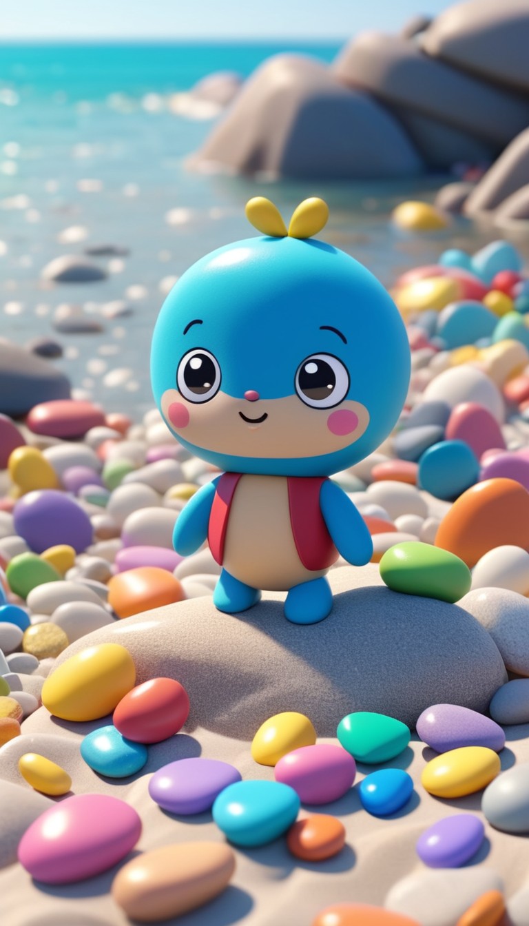 Blue character on beach rocks Blue character on beach rocks