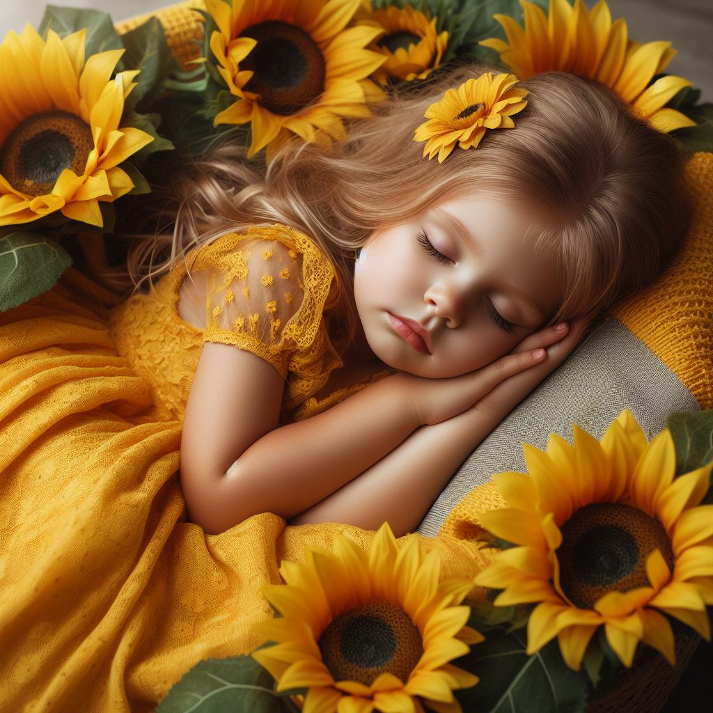 Little girl sleeping among sunflowers Little girl sleeping among sunflowers