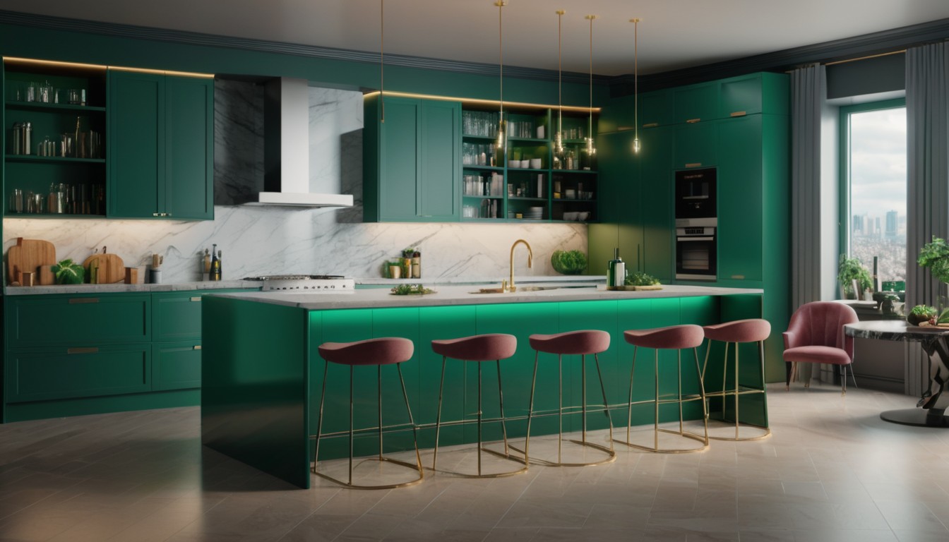 Modern kitchen island with green cabinets Modern kitchen island with green cabinets