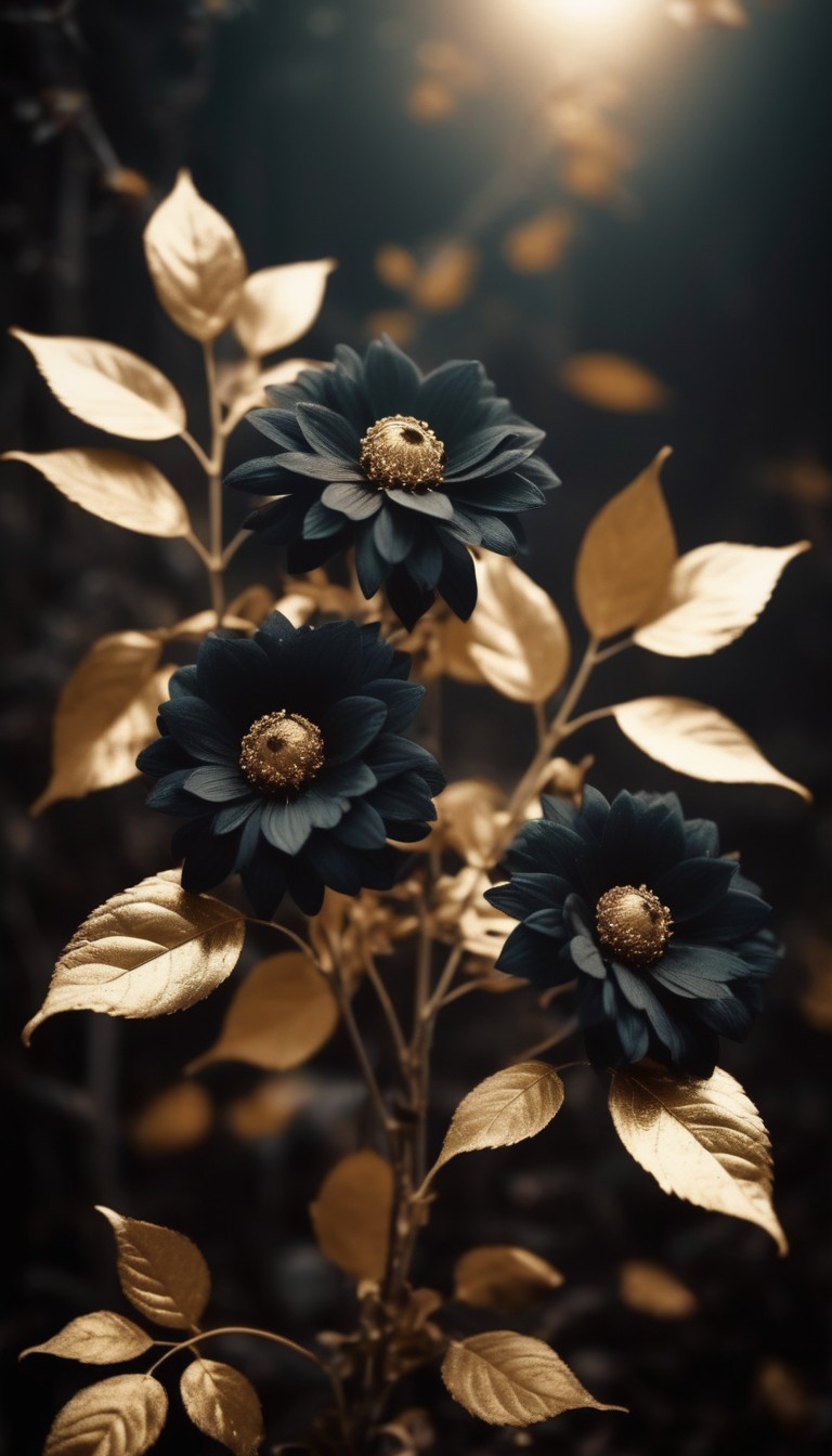 Black flowers and gold leaves Black flowers and gold leaves