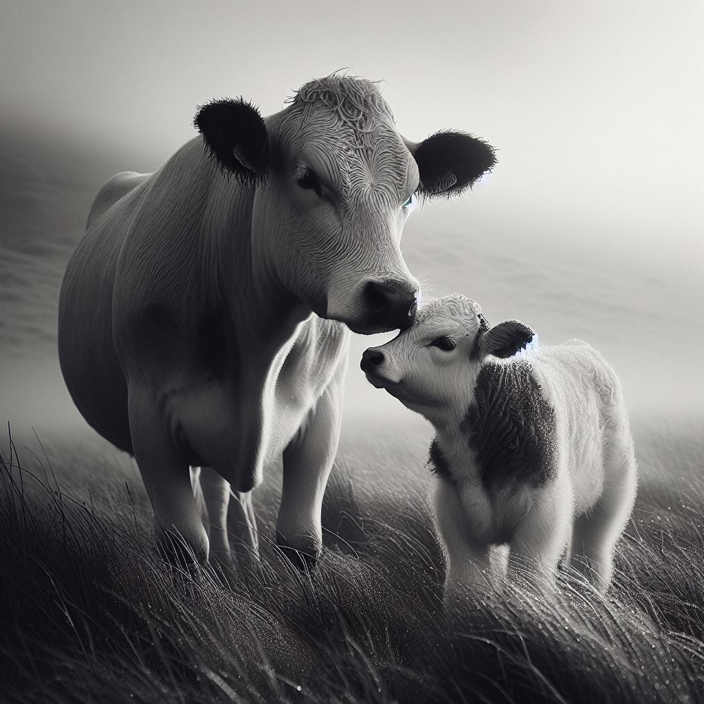 Cow nurturing calf in field Cow nurturing calf in field