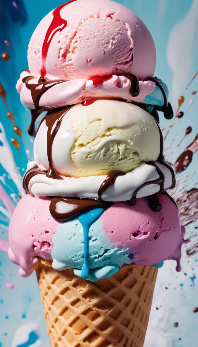 Stacked ice cream cone with chocolate drizzle Stacked ice cream cone with chocolate drizzle